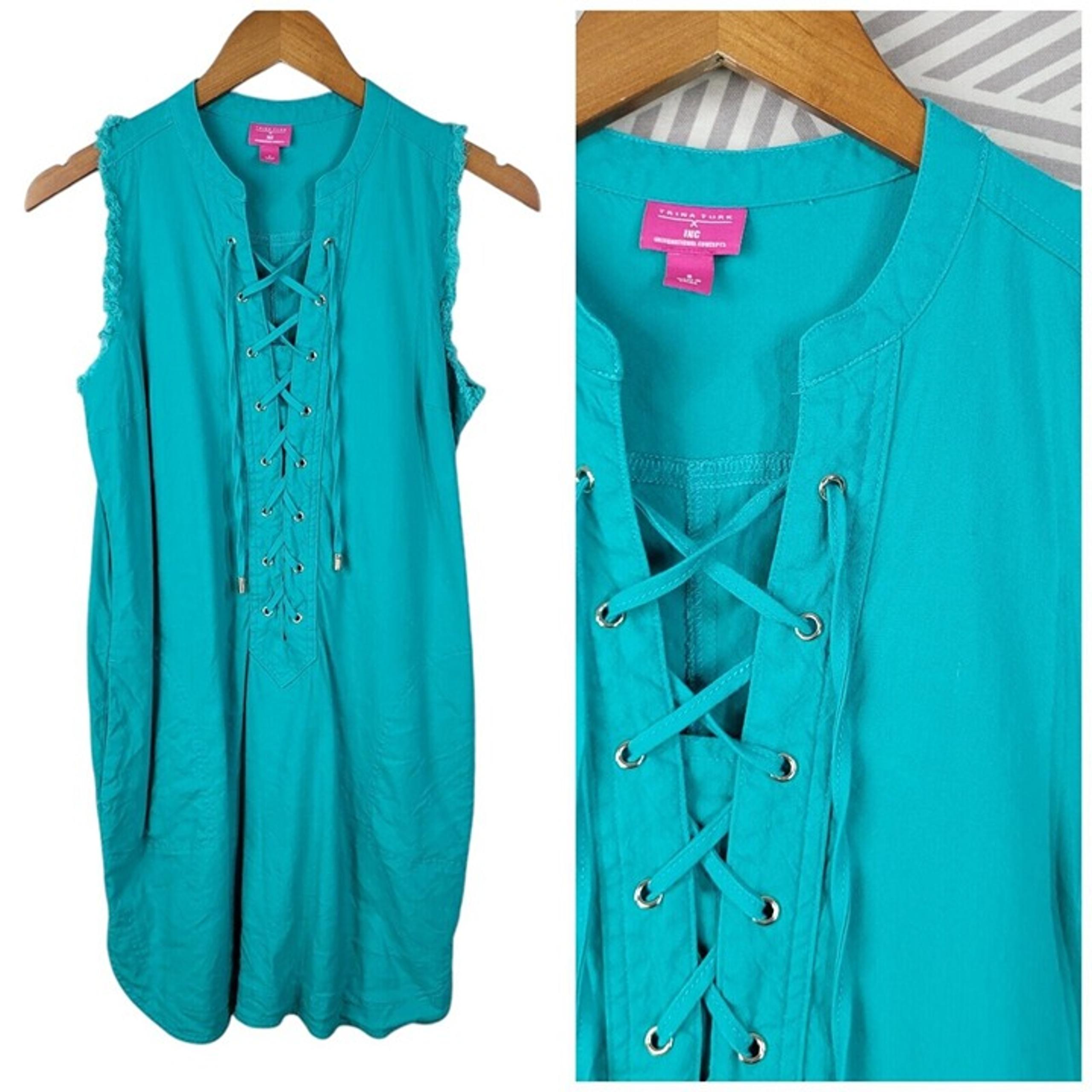 Trina Turk Inc Linen Dress Small Turquoise Blue Lace Up Frayed Sleeve Hem Denim
