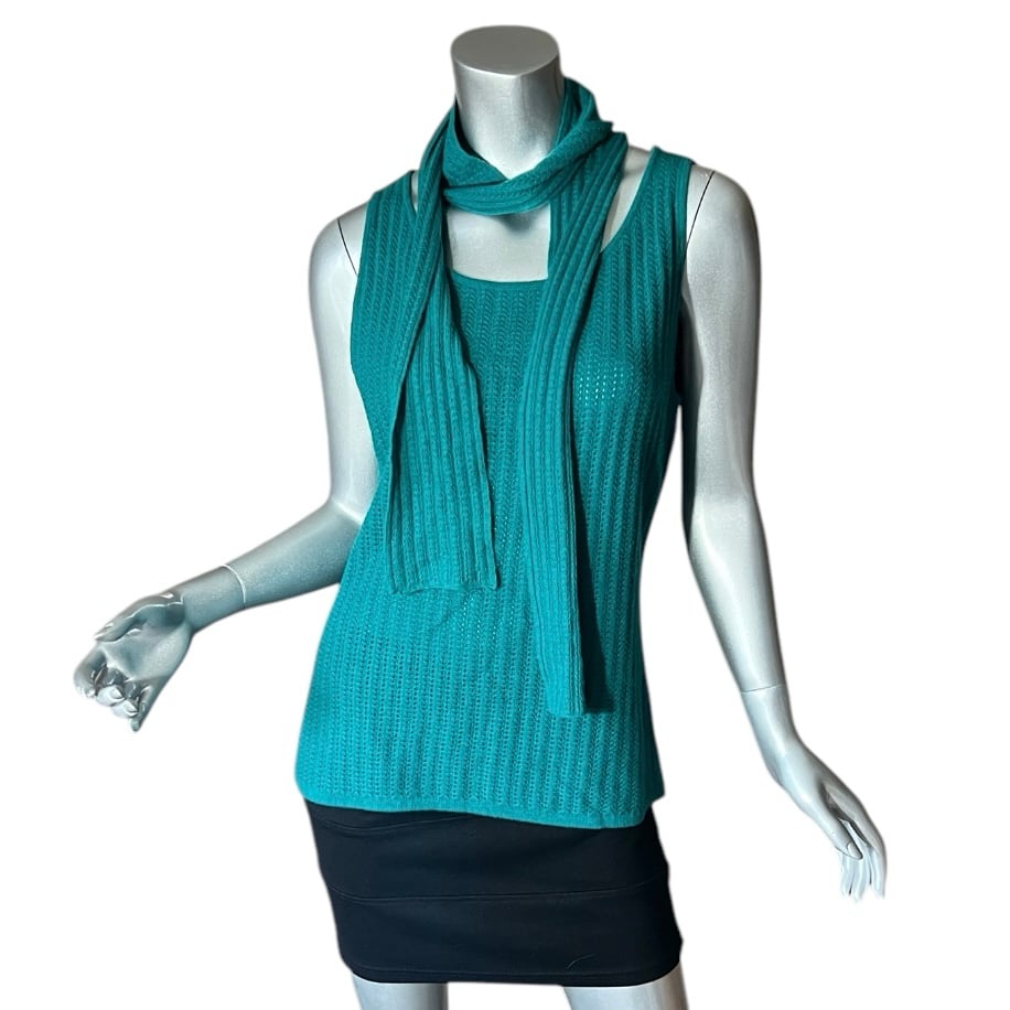 Dana Buchman Women’s XL Fitted Cashmere Knit Tank Blouse & Scarf Teal NEW Teal