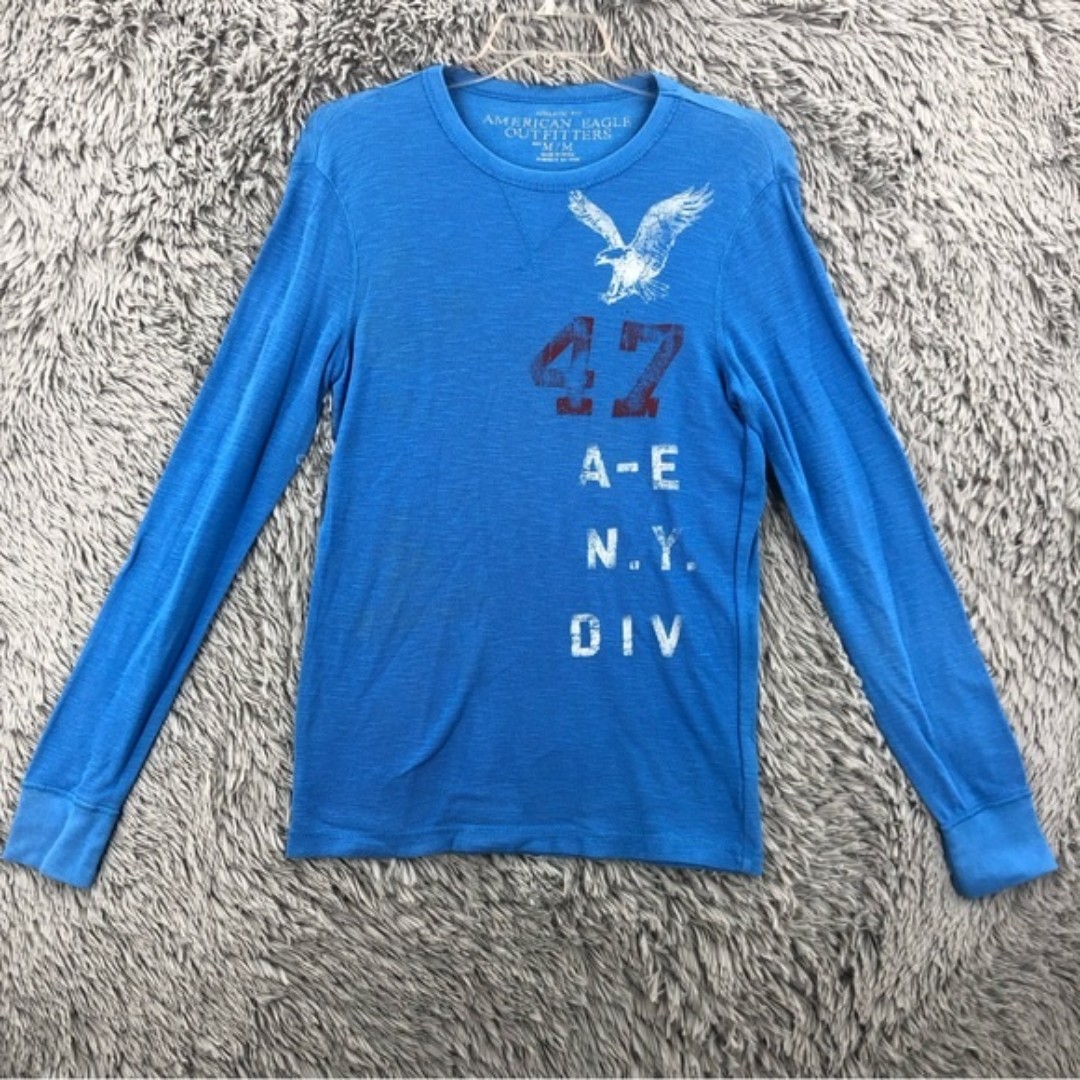 American Eagle Outfitters Mens Medium Long Sleeve Thermal Shirt Blue Logo