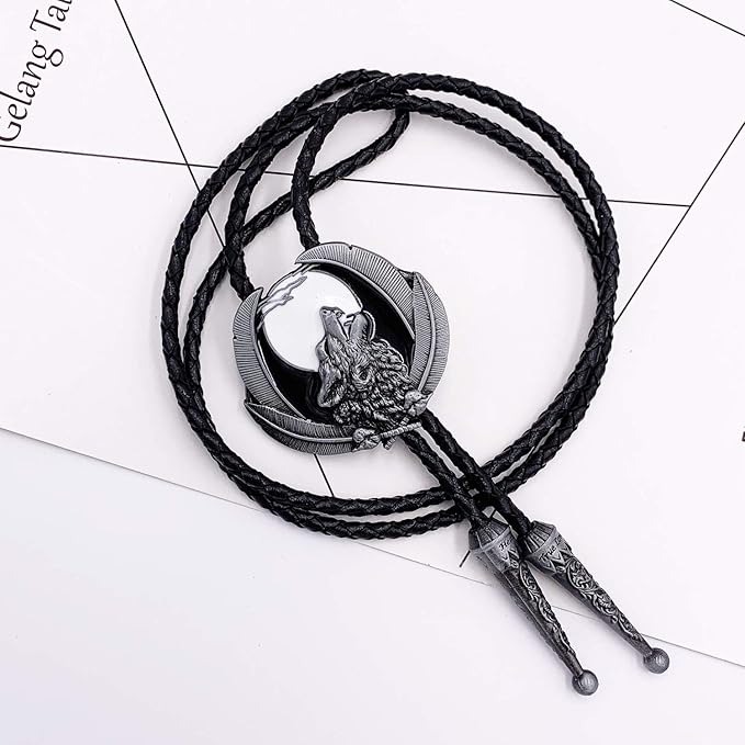 Western Cowboy Black Wolf Bolo Tie