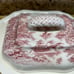 SOUP TUREEN Vtg Red Transferware Gravy Boat, Lid, Underplate Castle Japan