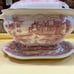 SOUP TUREEN Vtg Red Transferware Gravy Boat, Lid, Underplate Castle Japan