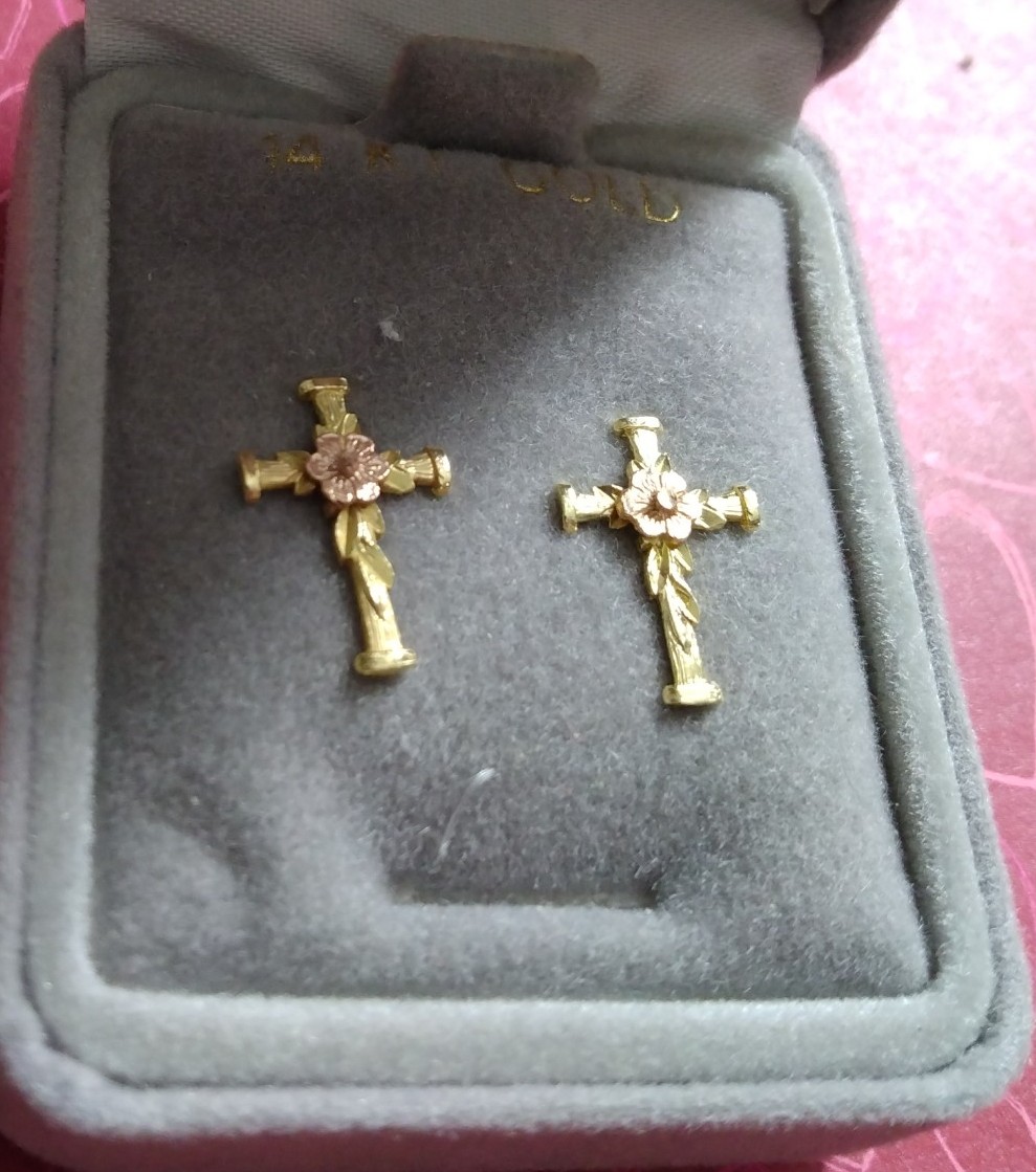 SOLID 14 Kt Bi- Color Gold Cross Earrings #56