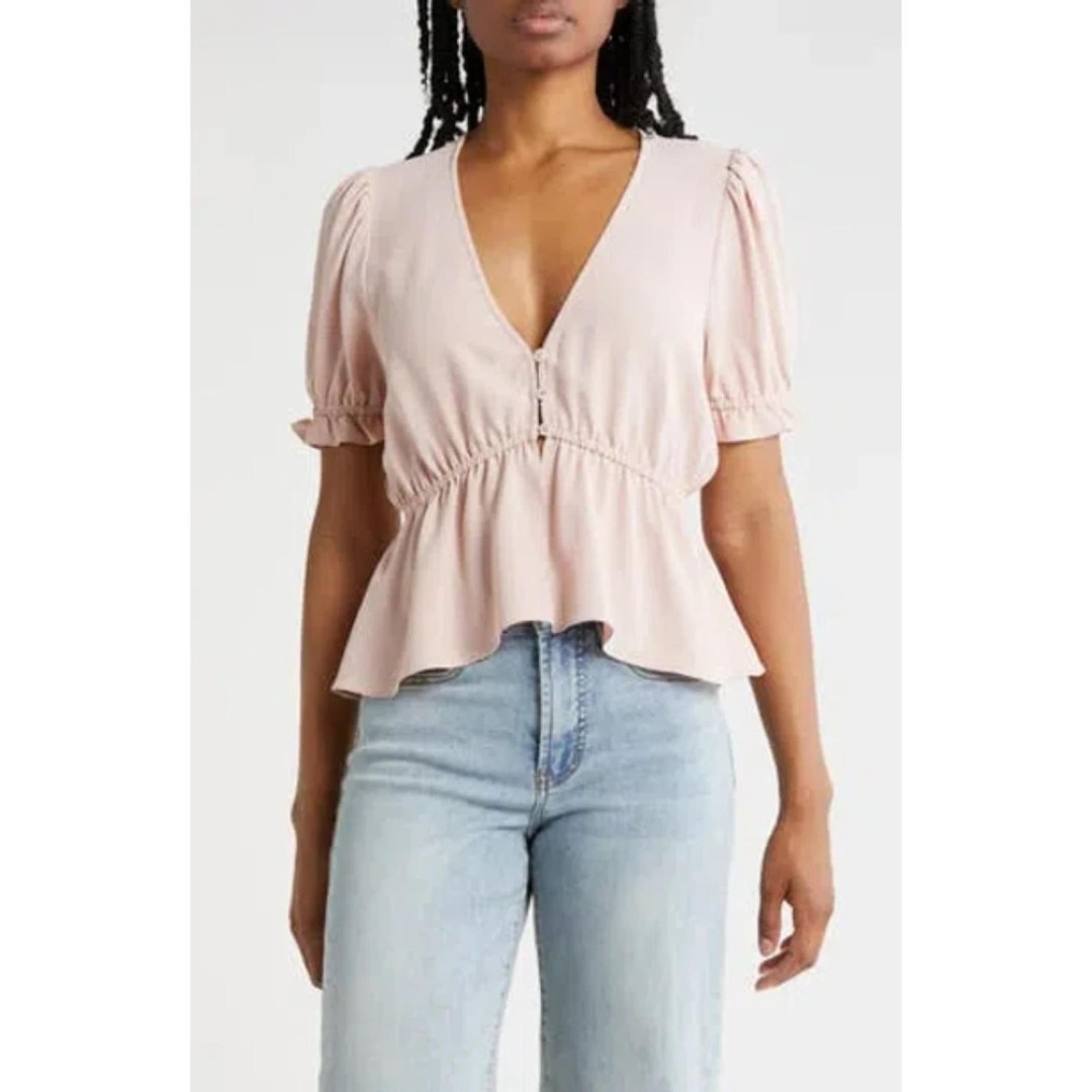 Melrose and Market Button Detail Puff Sleeve Top Pink, Size Medium NWT