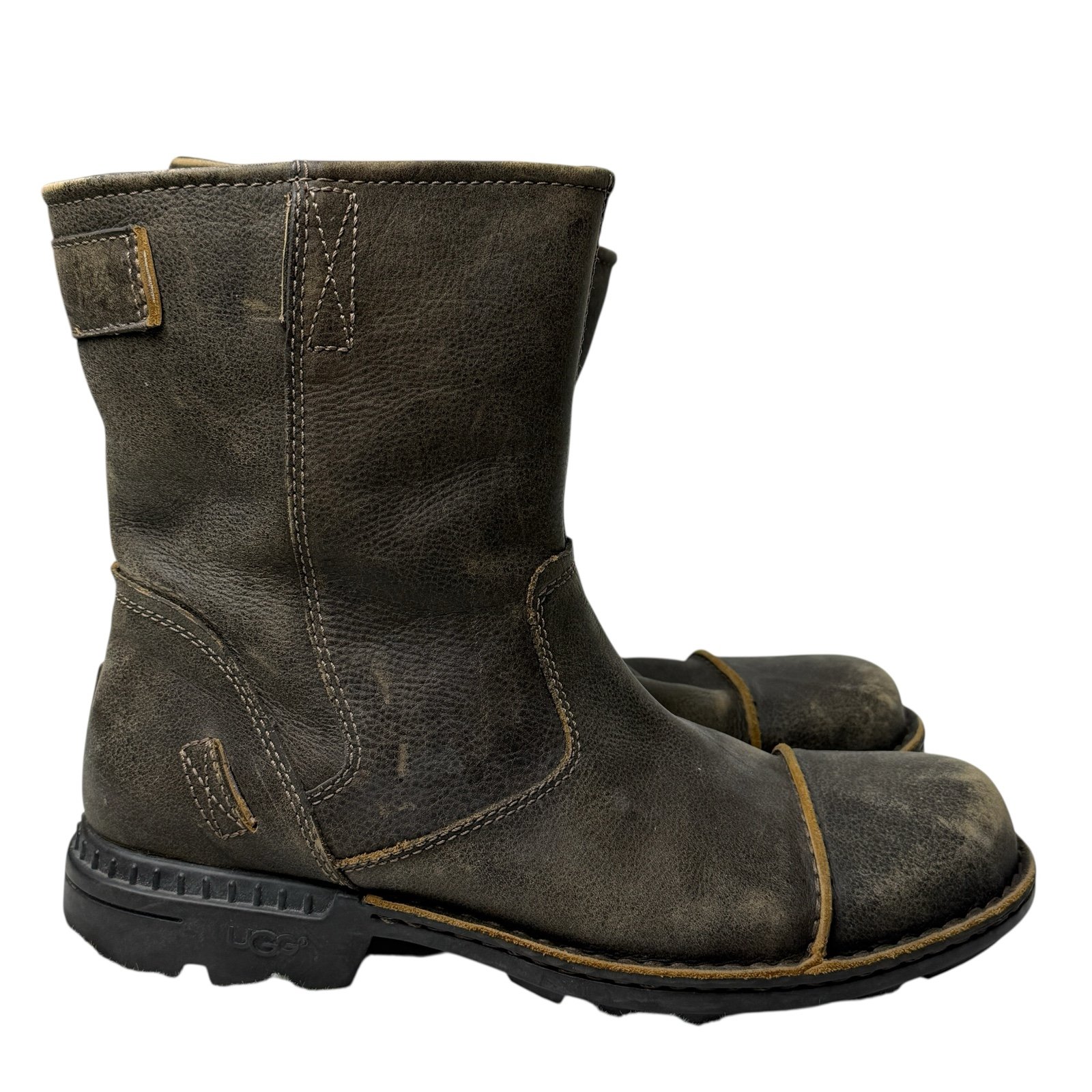Ugg Boots Mens SZ 10.5 Brown Leather Rockville Moto Biker Distressed *NO BUCKLE