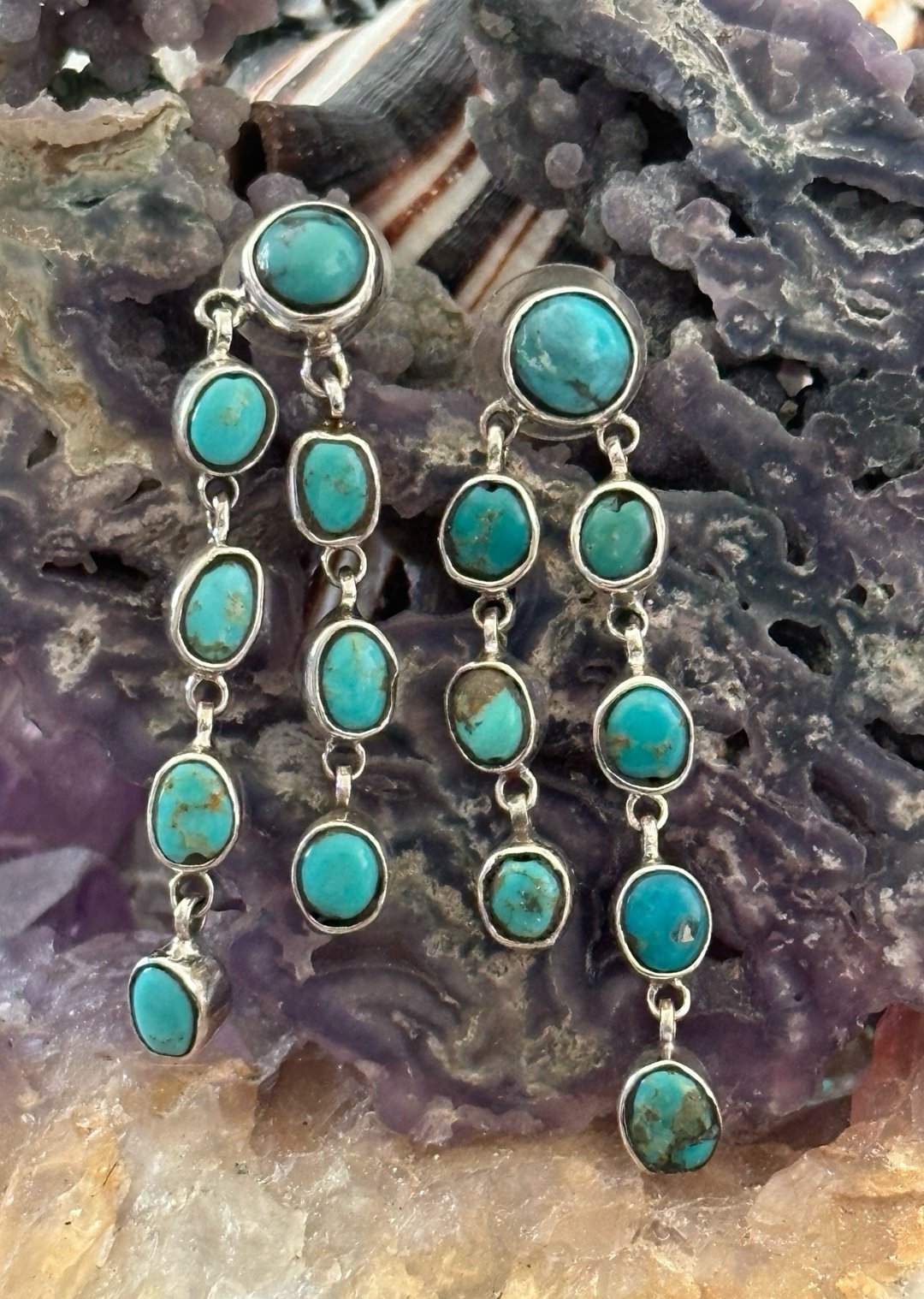 Kingman turquoise double strand southwestern sterling silver dangle earrings