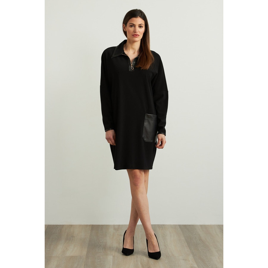 NEW Joseph Ribkoff Leatherette Accent Pockets Long Sleeve Shift Dress Size 10