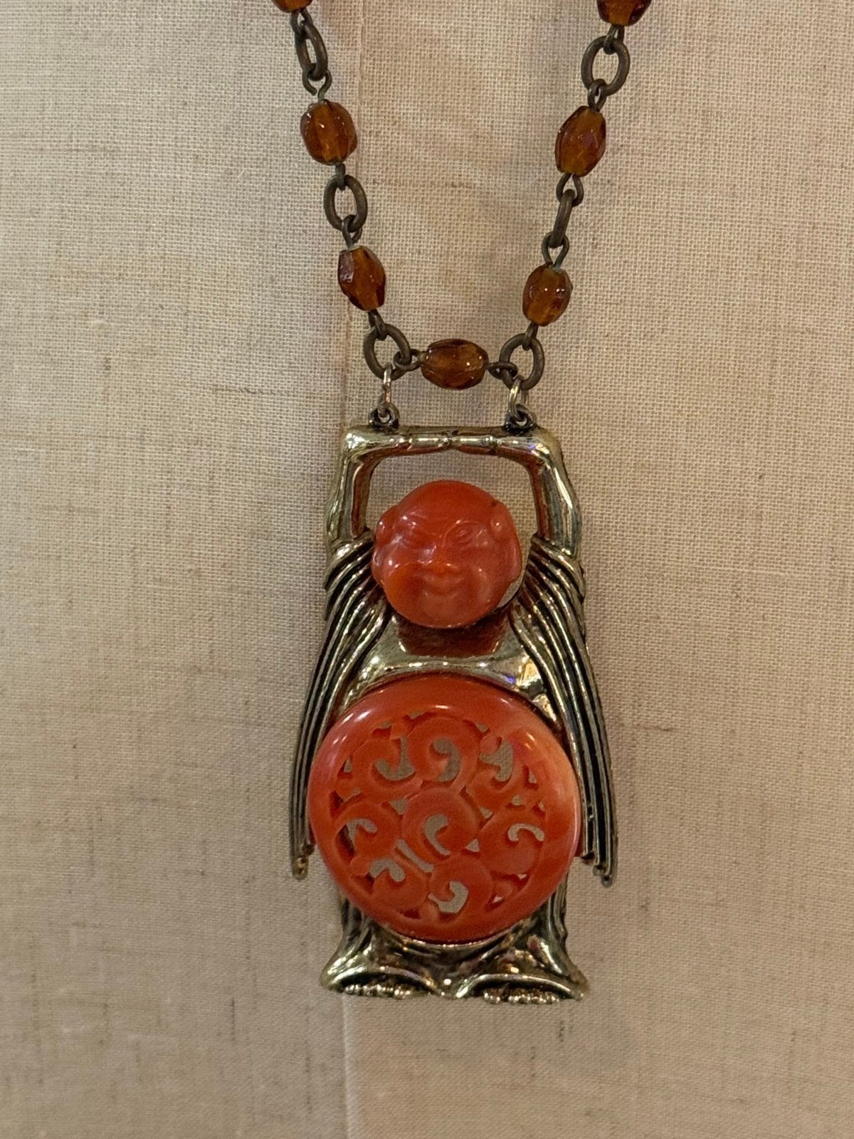 Vintage Buddha Pendant, Signed Gold Crown Inc Buddha Carved Celluloid Pendant
