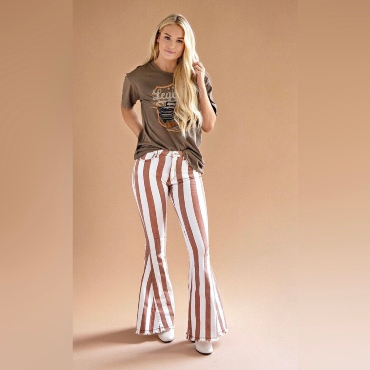 ALTAR'D STATE Striped Bell Bottom Flare Jeans Retro Boho Ivory/Mocha LG