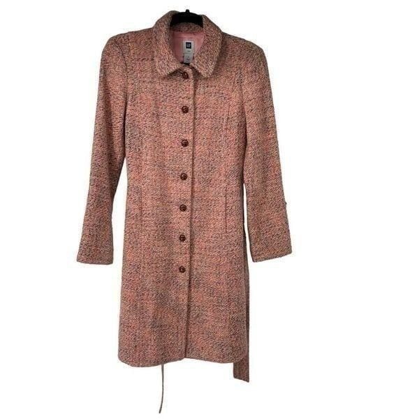 Gap Pink Tweed Long Belted Dress Pea Coat Sz S Women’s Retro Acrylic Wool Blend