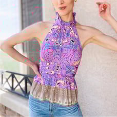 ANTHROPOLOGIE Pink Blue Floral Animal Printed Tie Belt Ruffle Peplum Halter Top