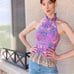 ANTHROPOLOGIE Pink Blue Floral Animal Printed Tie Belt Ruffle Peplum Halter Top