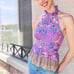 ANTHROPOLOGIE Pink Blue Floral Animal Printed Tie Belt Ruffle Peplum Halter Top