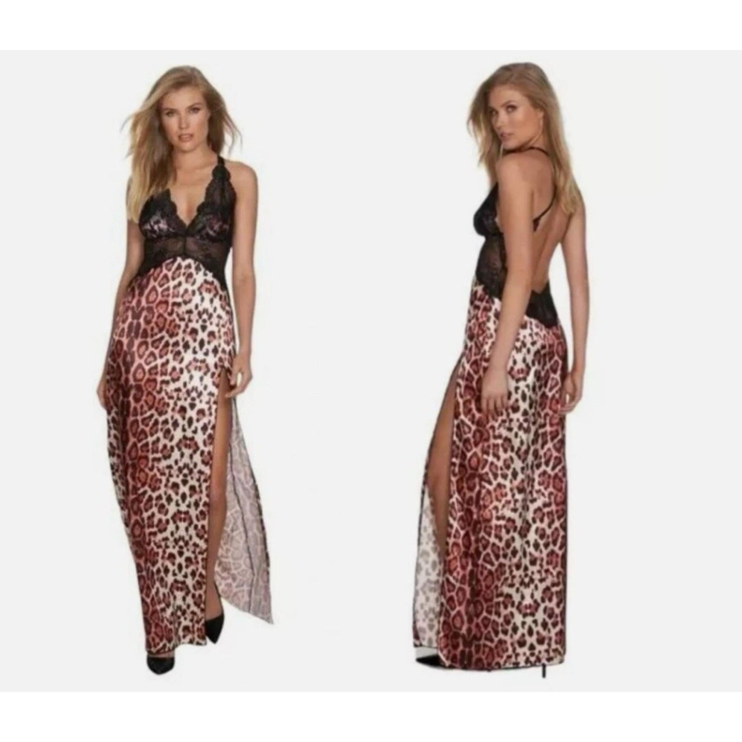 Frederick's of Hollywood Rosalina Rose Leopard Slit Nightgown Thong Set Sz S NWT