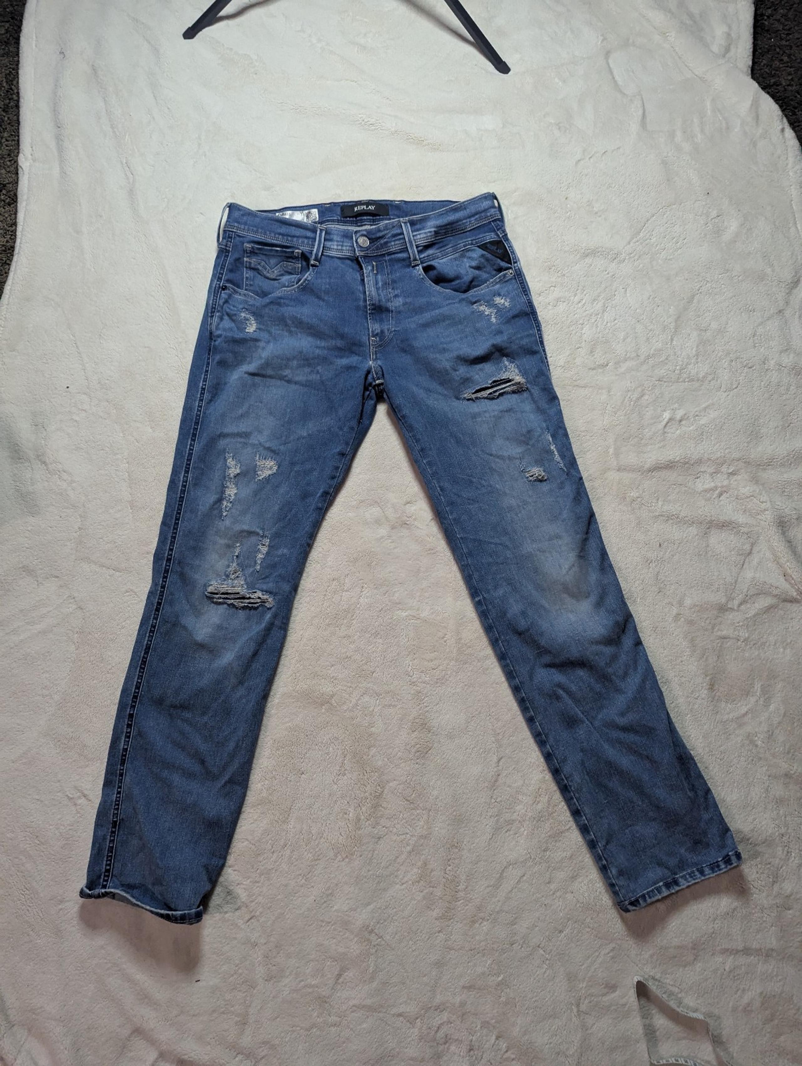 Men's Ambass Hyper flex Slim Fit Light Blue Ripped Jeans 31x32 - Replay