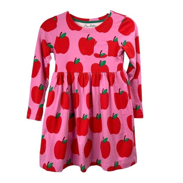 Mini Boden apple print jersey dress Size 7-8 pink red cute