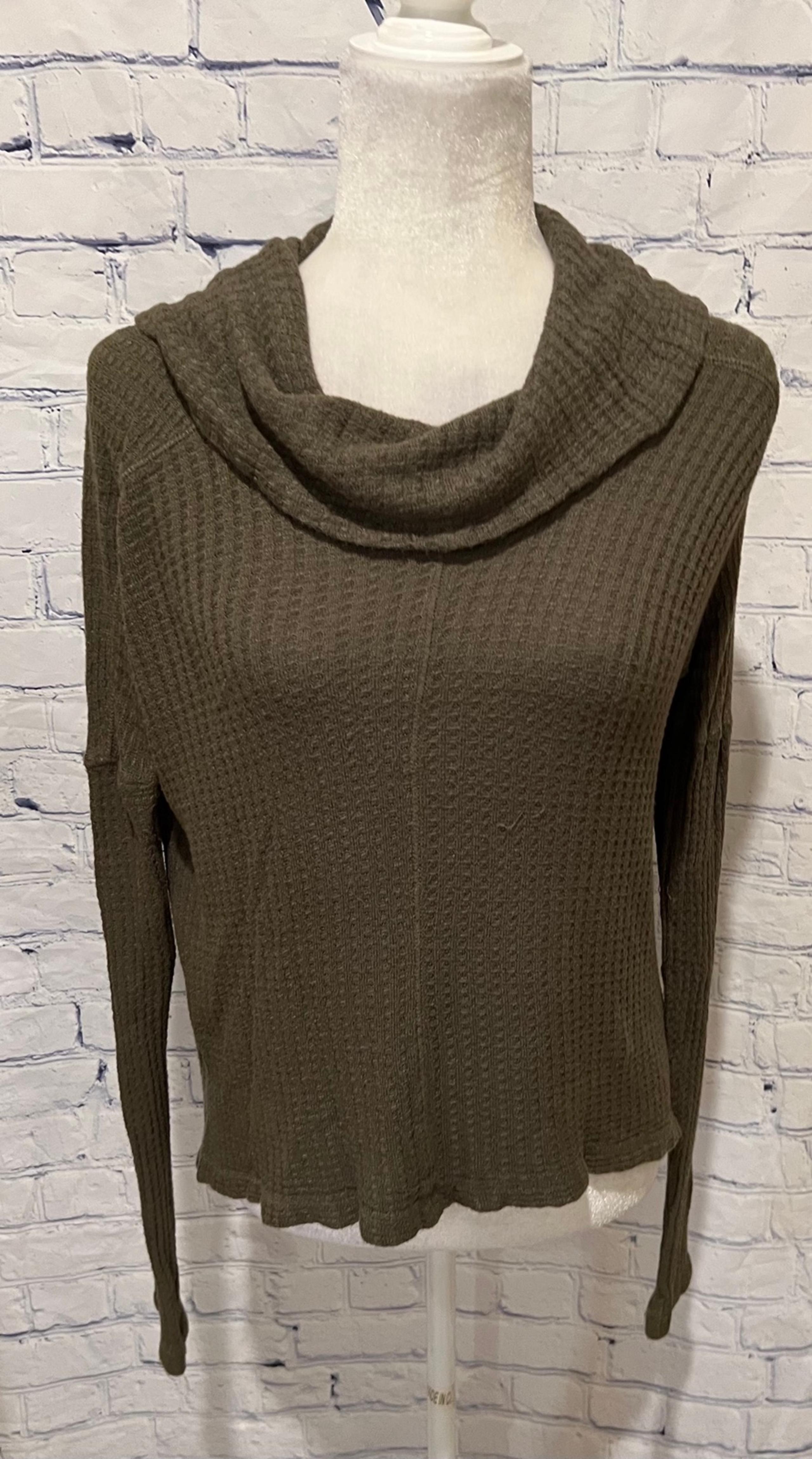 Lucky Brand Women’s Cowl Neck Waffle Knit Sweater Olive High-Low Hem Small