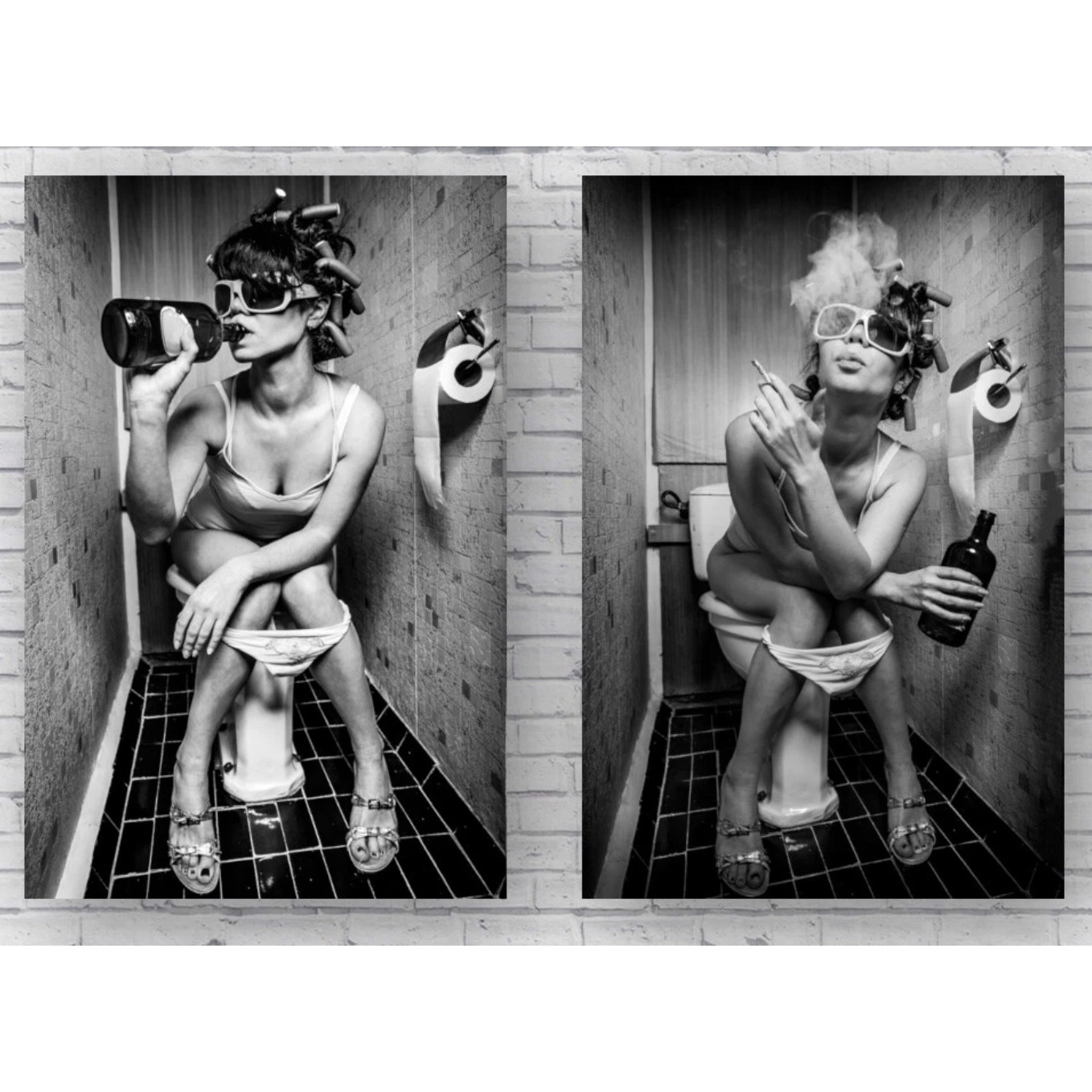 Funny Bathroom Wall Art Canvas Print Vintage Woman Smoking/Drinking Toilet