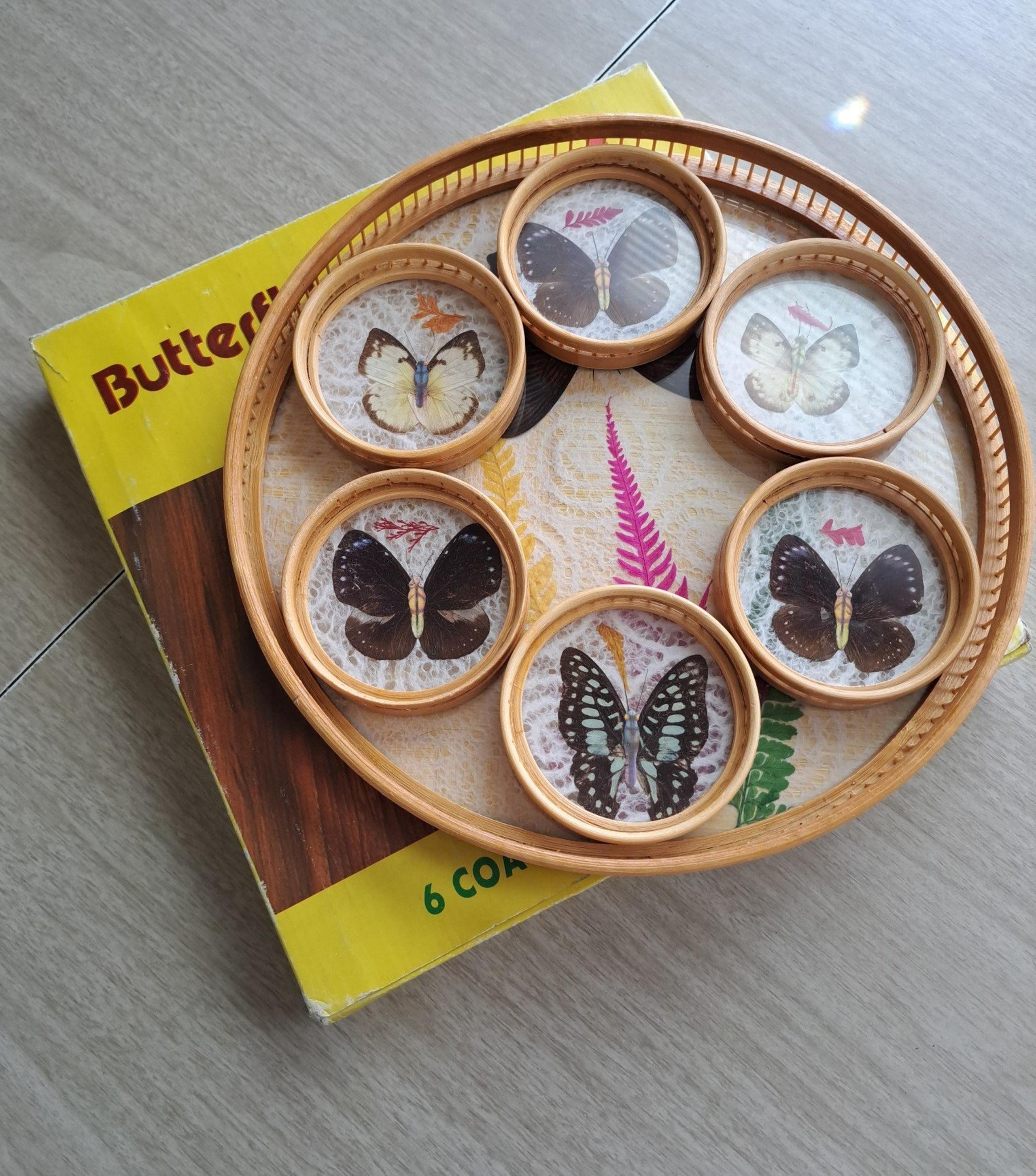 Vintage Butterfly Bamboo Coaster Set