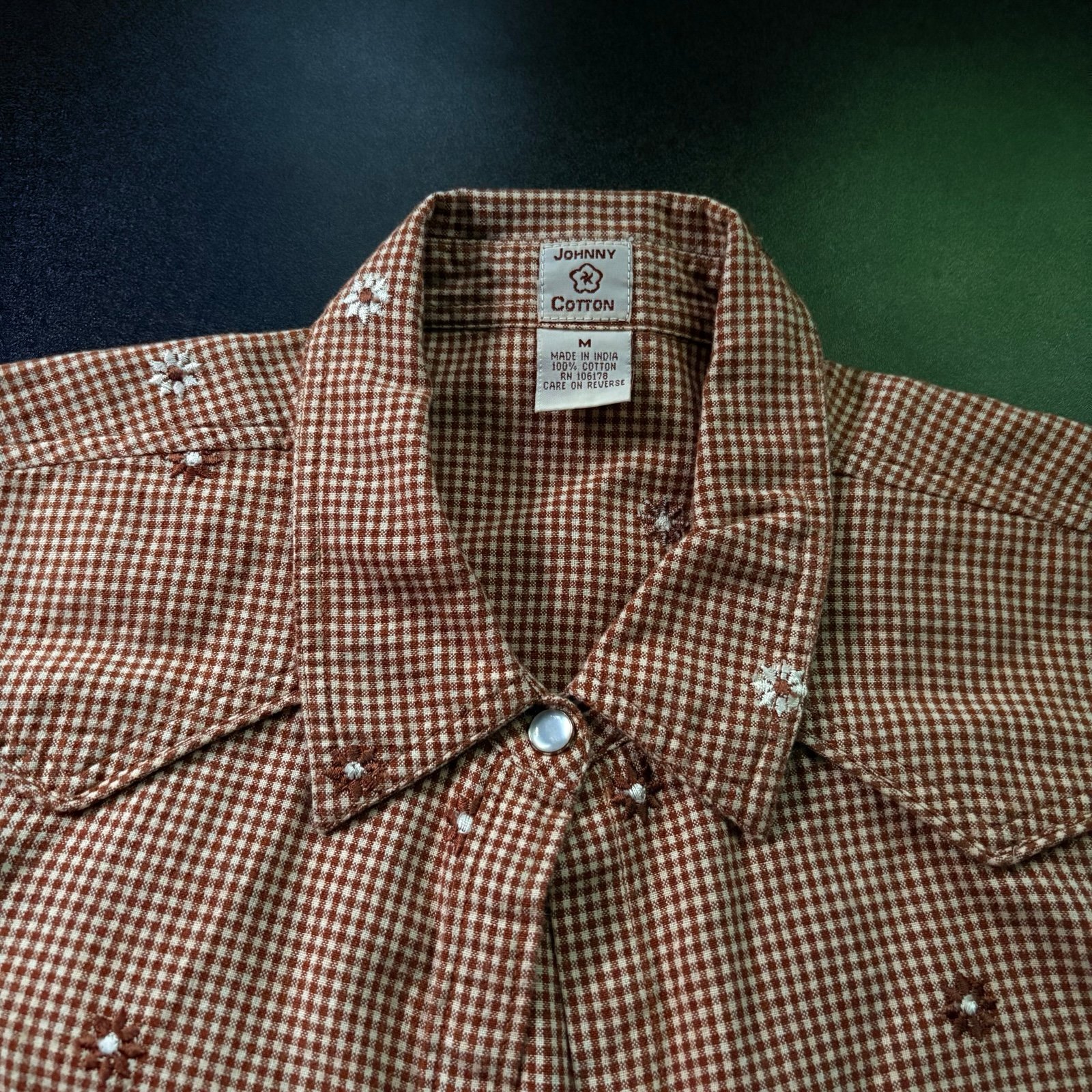 Johnny Was Cotton western pearl snap Brown Checkered Shirt embroidered Medium