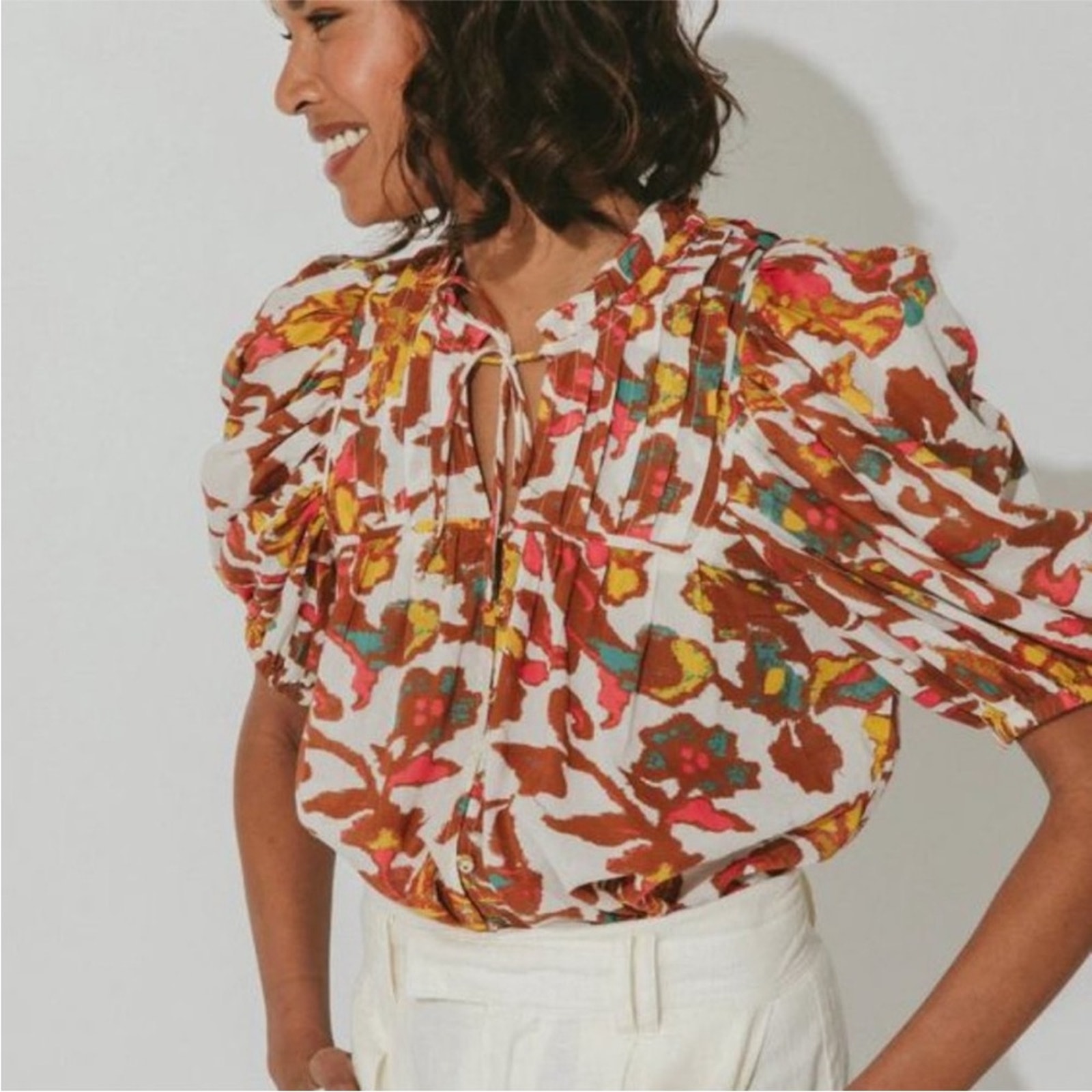 CLEOBELLA Multicolor Floral Puff Sleeve Organic Woven Cotton Blouse Size Small