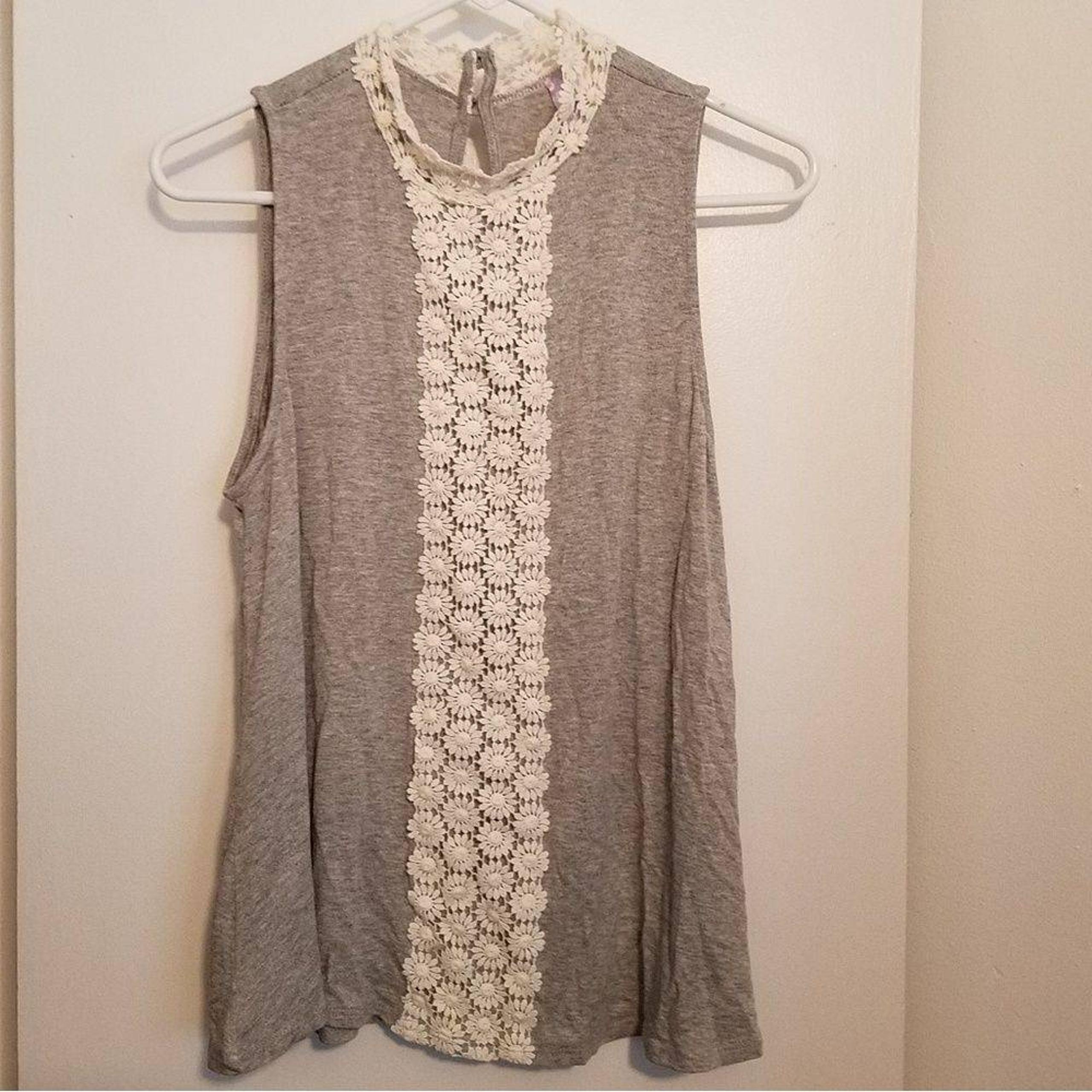 Gray Tank Top with Floral Lace Trim