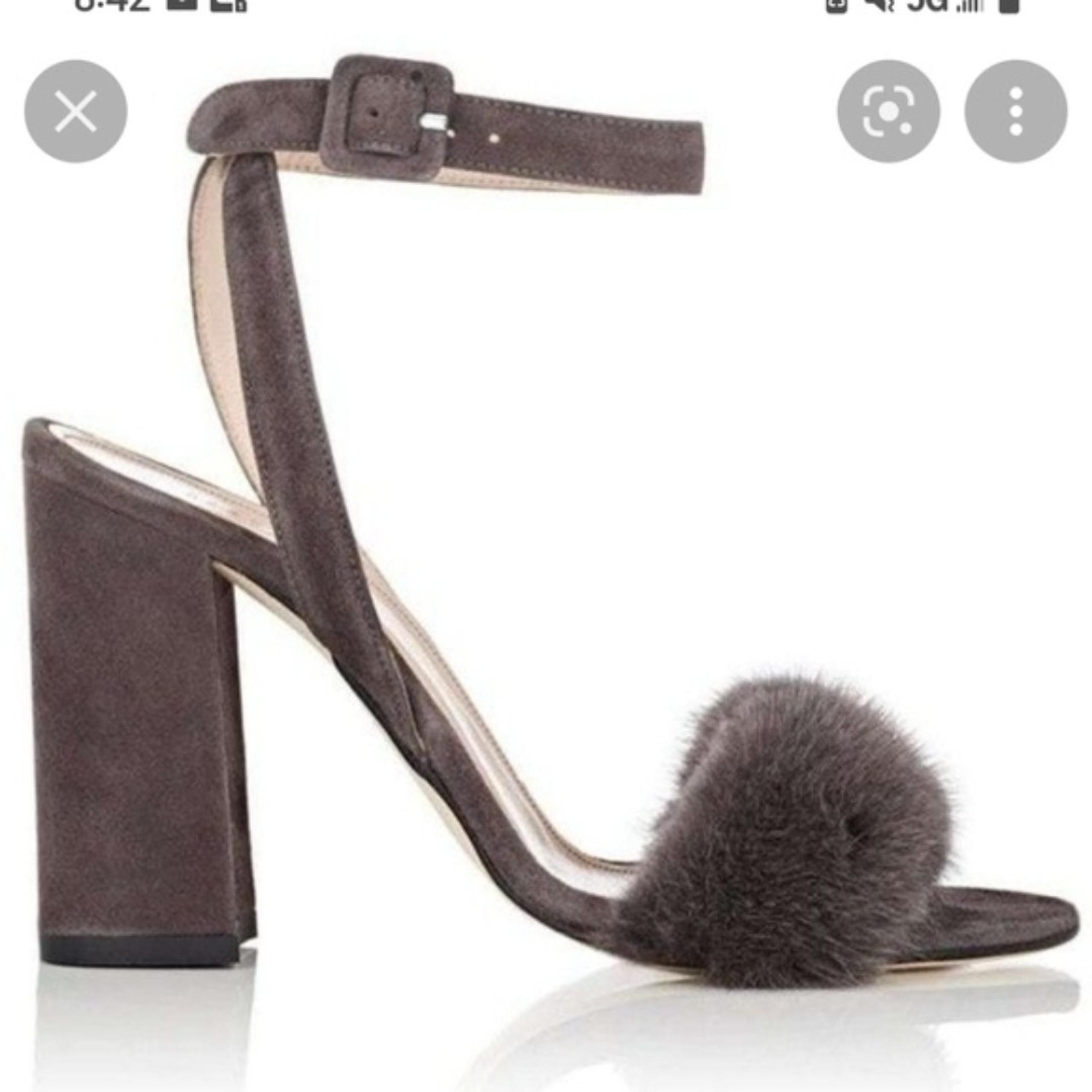 Barnys New York  block heel ankle strap mink fur heels Sz 37.5 US 7
