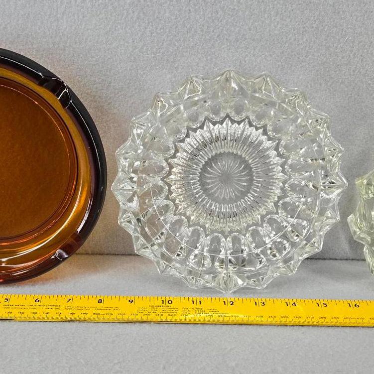 3 vintage MCM Ashtrays Cigarette Cigar Lead Crystal Amber Clear Cut Glass