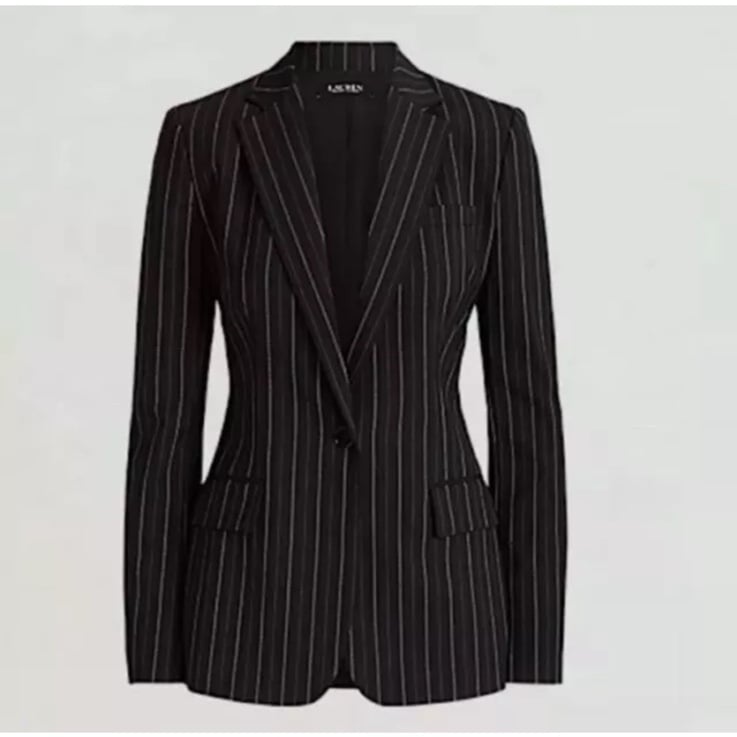 Ralph Lauren women's Black Pinstripe Linen Wool Blend Blazer Size 10 retail 325