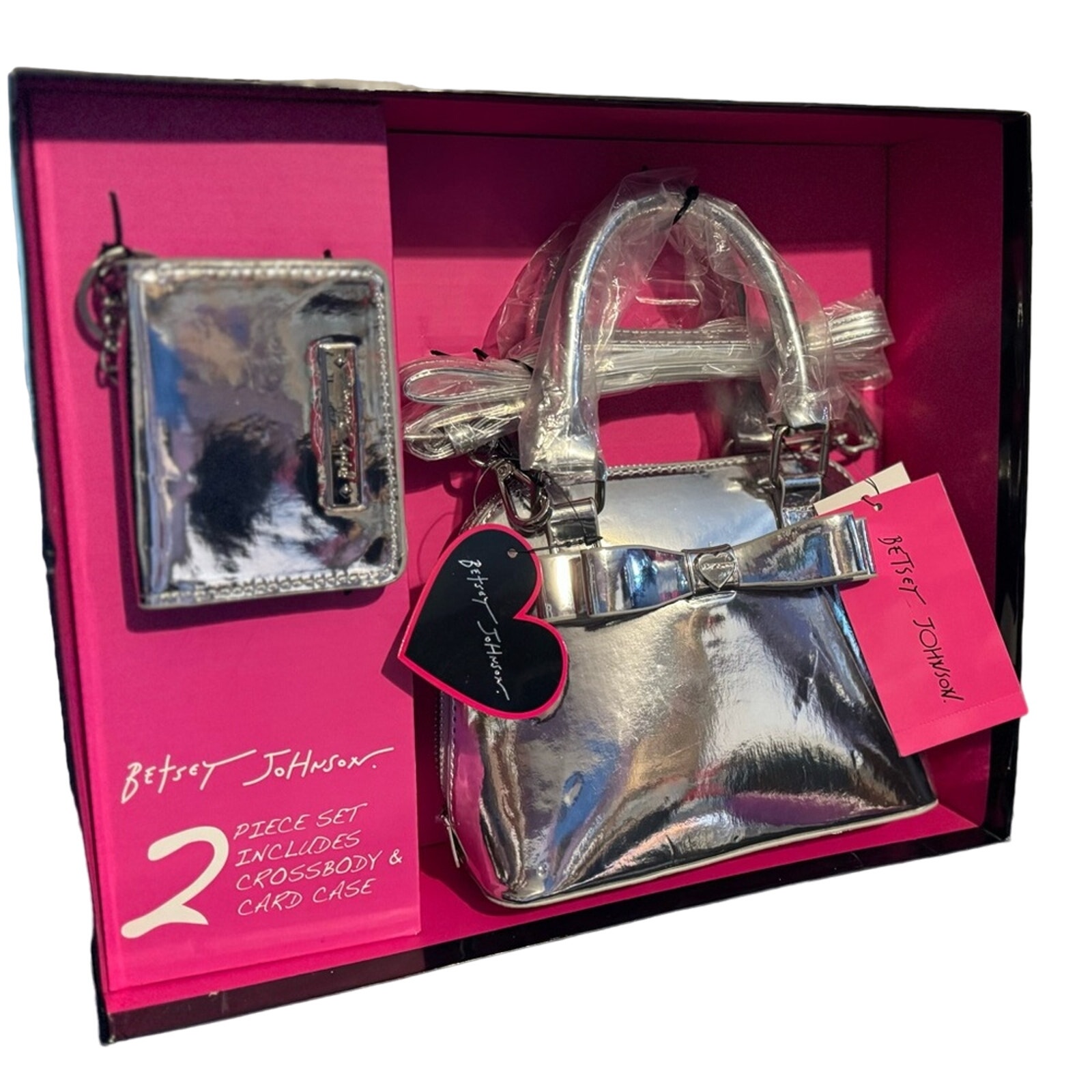 Betsey Johnson Patent Silver Crossbody and Card Case Gift Box