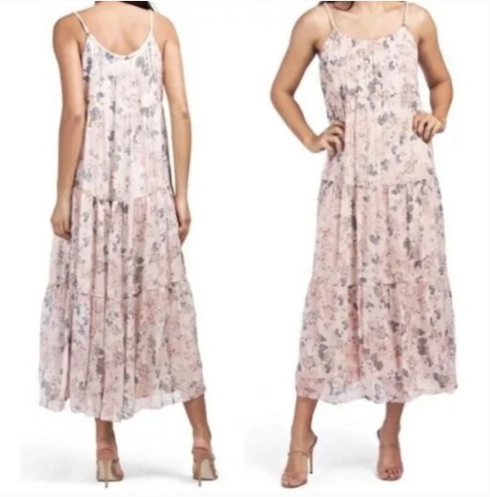 Elena Baldi Made In Italy Silk Blend Floral Maxi Dress Tiered- Blush -Sz M NWT