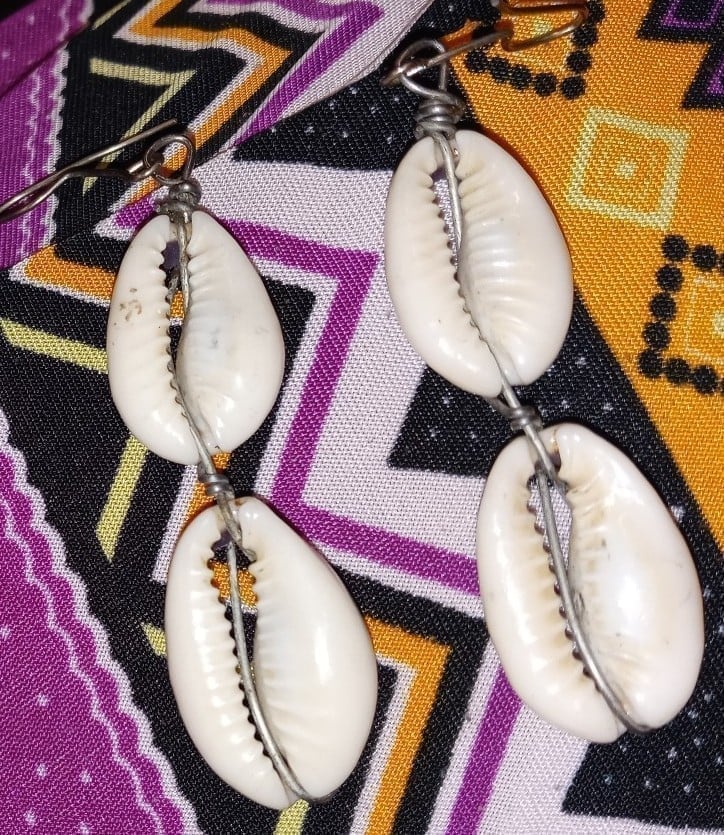 Cowrie Shell Earrings Silver Wire Beaded Jewelry African-Inspired Handmade