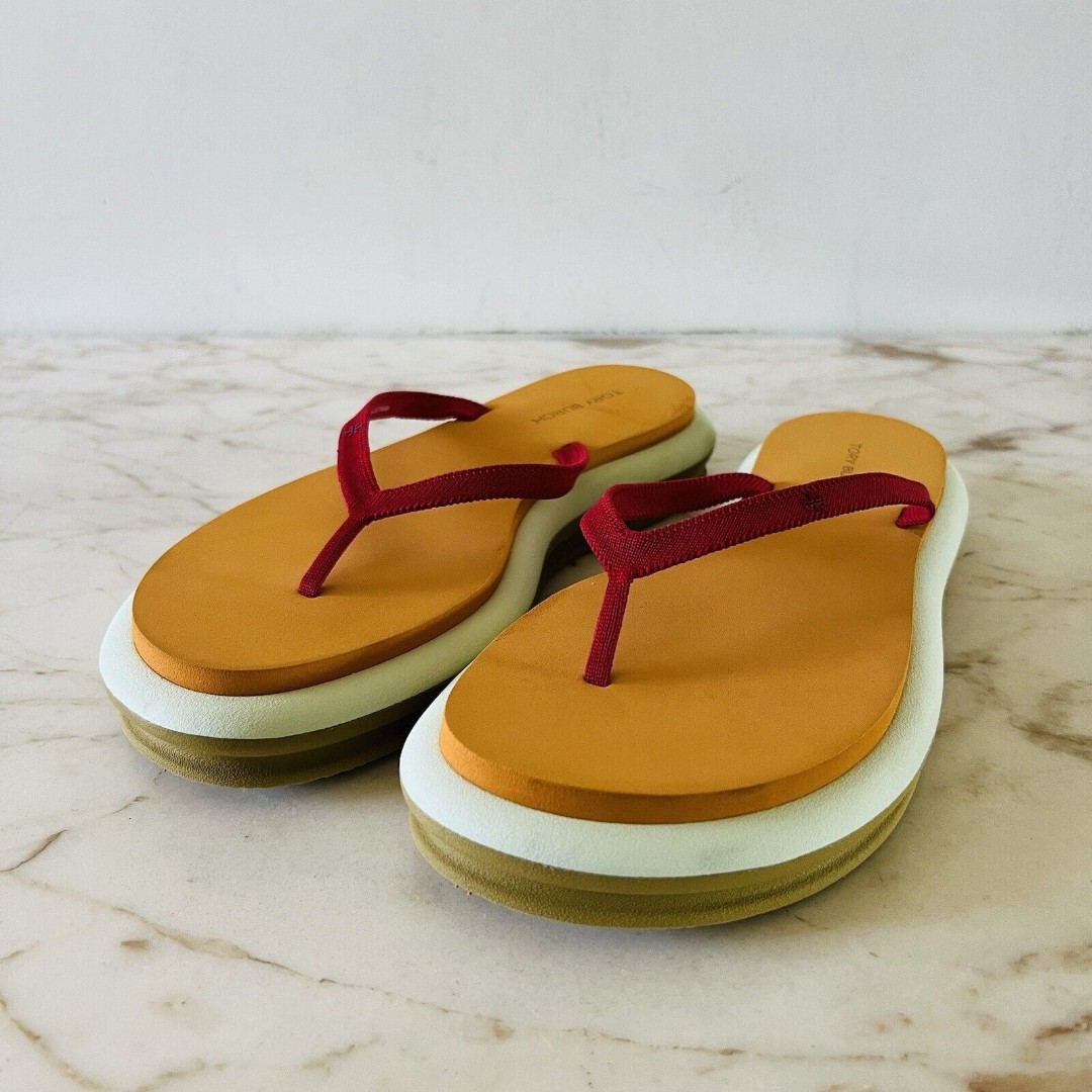 TORY BURCH Tory Red Orange Citrine Meadow Mist Layered Flip-Flop- Webbing - US 7