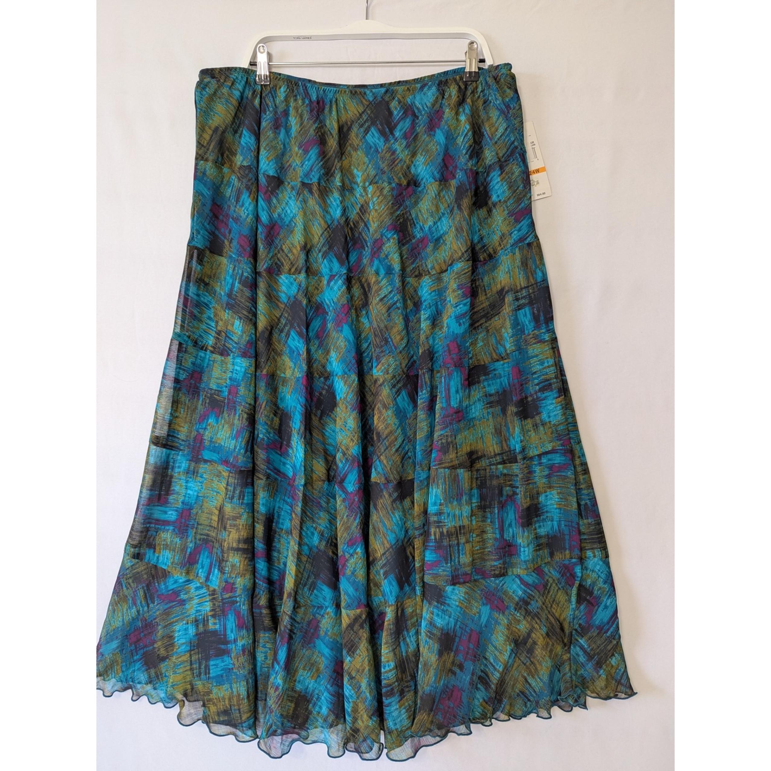 Ruby Rd. Maxi Skirt Green Jewel Abstract Print Elastic Waist Flowy Pull On 24W