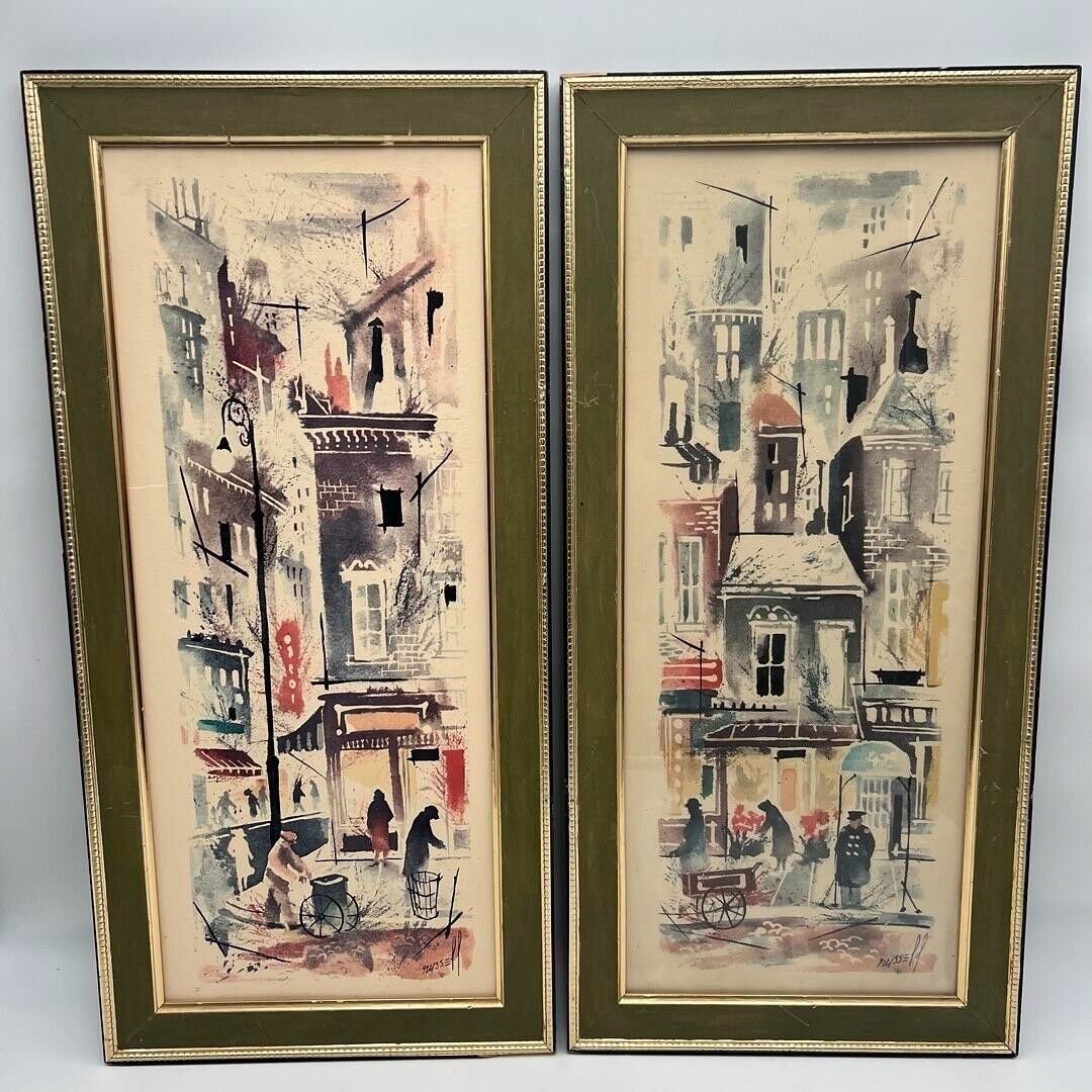 IBF Co Vintage Mid Century Russell New York City Art Print Set of 2 Wood Framed