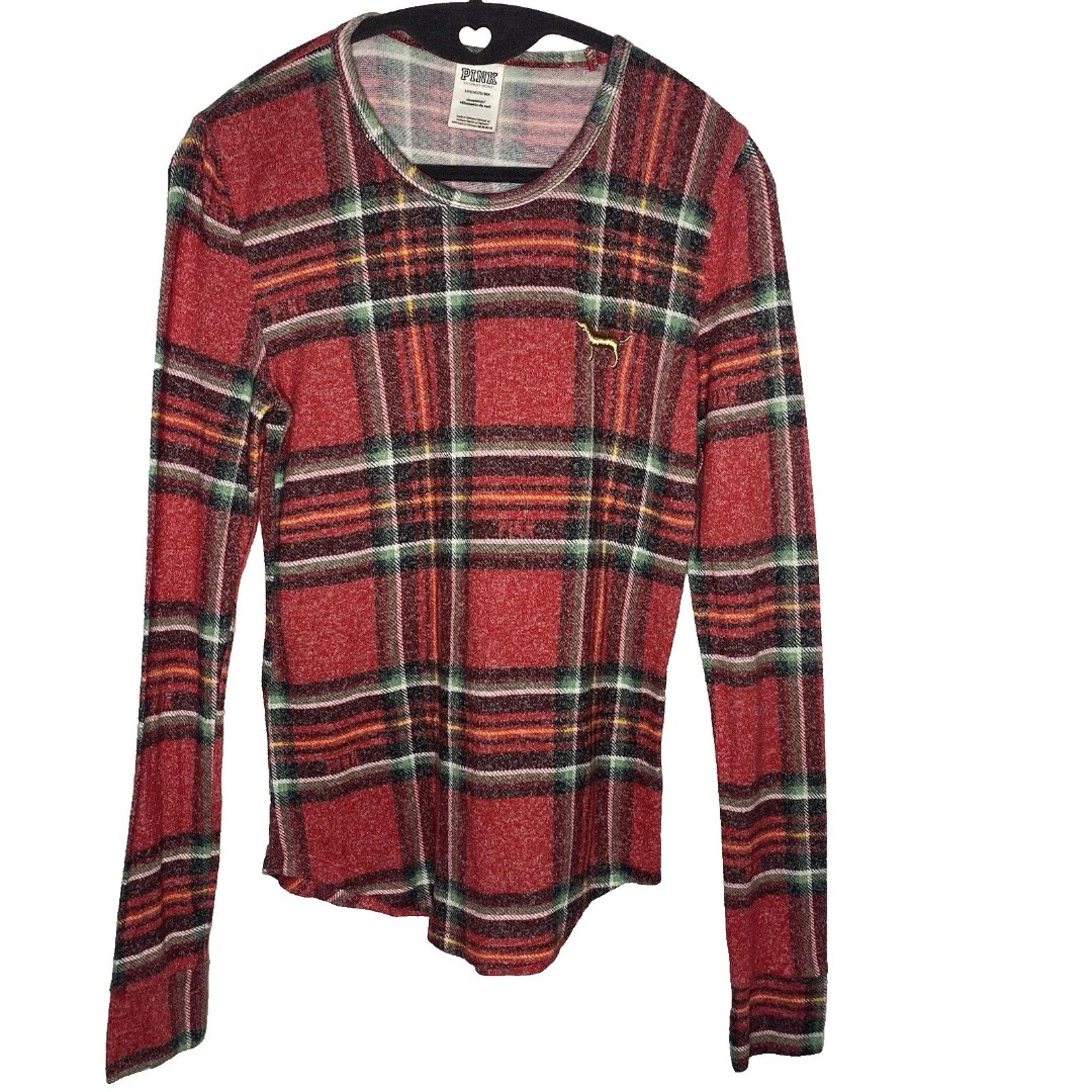 PINK Victoria's Secret Womens Pajama Lounge Top Size S Gold Dog Logo Plaid Red