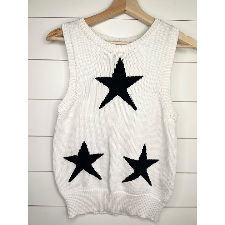 Max Mara White Sleeveless Knit Black Star Pattern Sweater Tank Top Size Large