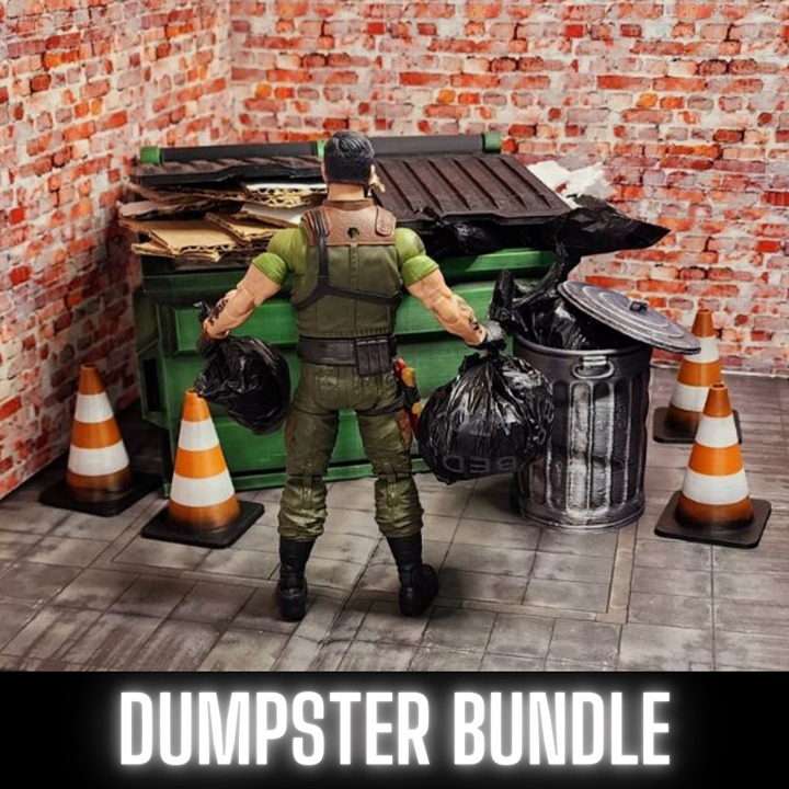 DUMPSTER DIORAMA BUNDLE, For 1:12 Scale, Dumpster, Trash Can, Street Cones