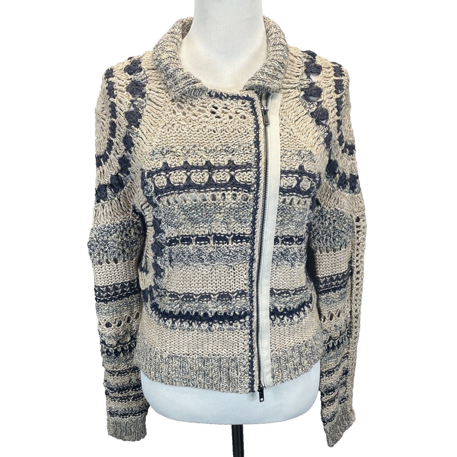 FREE PEOPLE Crochet Knit Moto Sweater Jacket Cardigan Women's M Cream Blue Boho