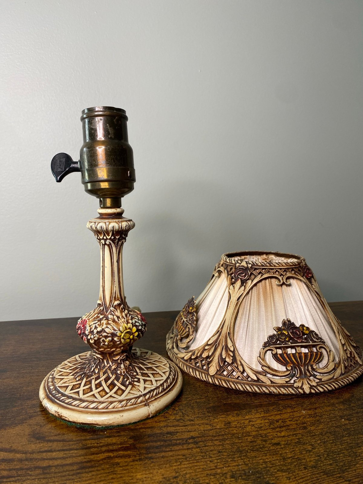 Antique Art Nouveau Iron Floral Cream W/ Fancy French Shade Boudoir Table Lamp