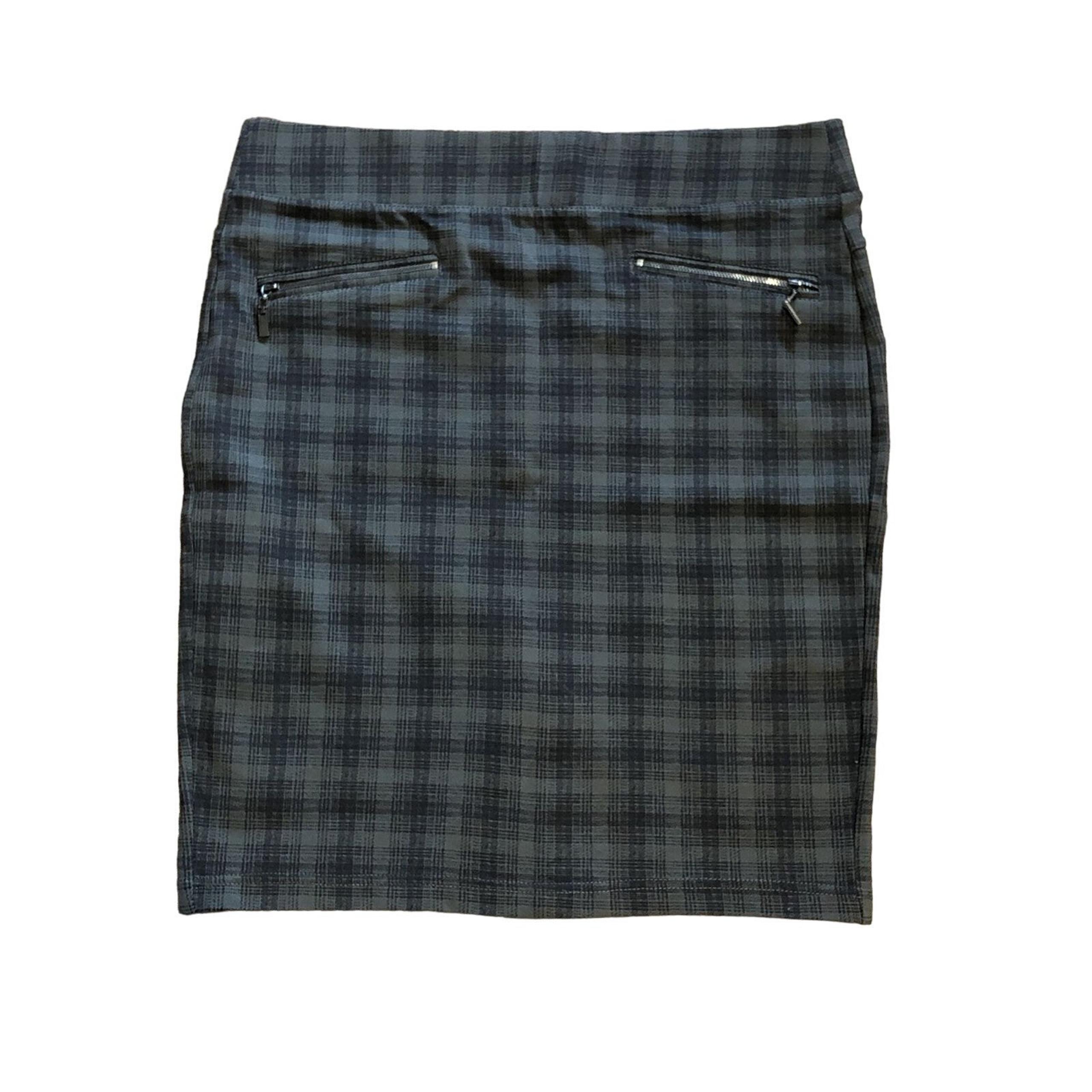 Liverpool Jean Co Pencil Skirt Womens Size 8 Plaid Slit Stretch Black Olive
