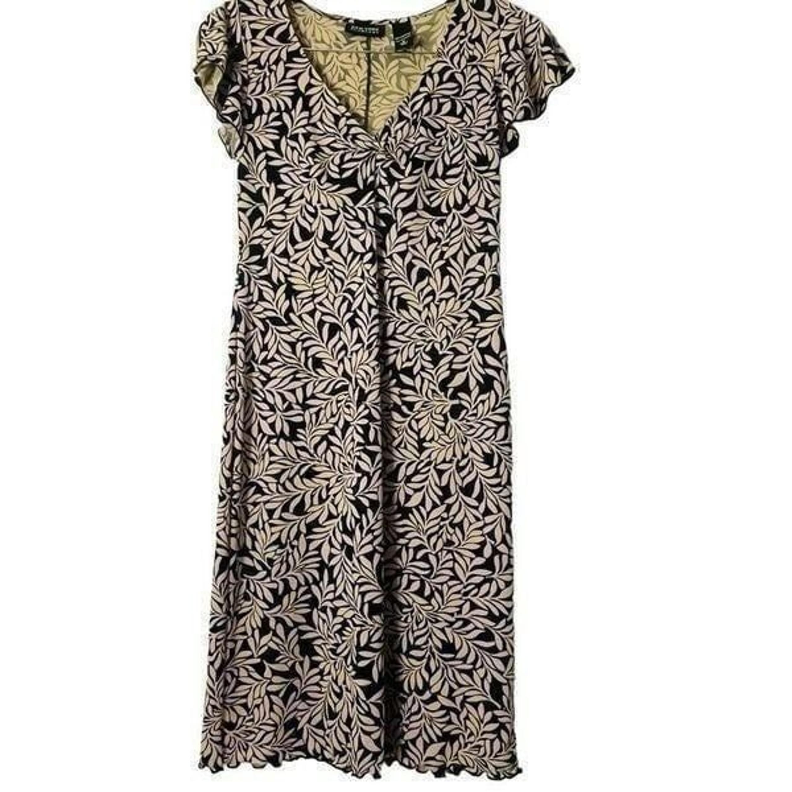 New York & Company Brown Black Leaf Print Ruffle Cap Sleeve Dress Size S