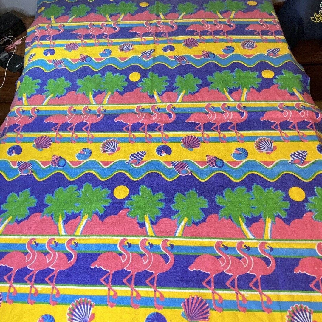 Vintage Blanket Fabric Flamingo Palm Tree Beach Repeats Twin Throw Craft 83 x 59