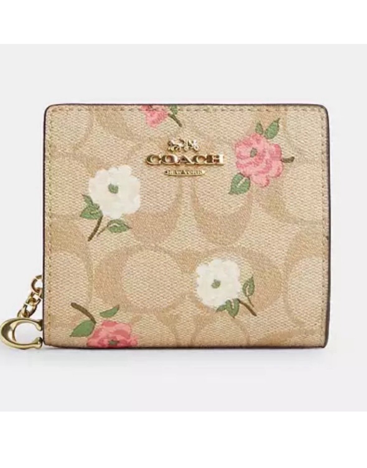 Coach light khaki small snap wallet with floral print/c charm zipper pull/Gold