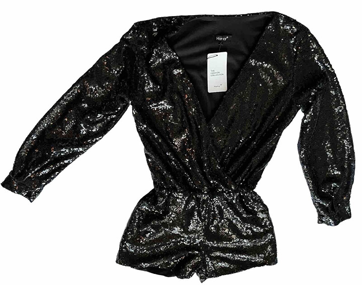 New With Tags Hancy Women's Sequin Large Romper Shiny Wrap V Neck Shorts