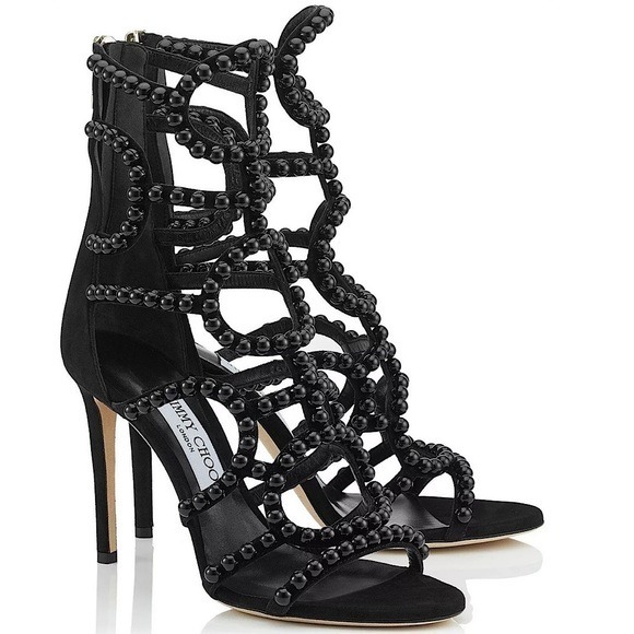 EUC JIMMY CHOO Leja 100 Black Suede With Beads Sandals In Black 37