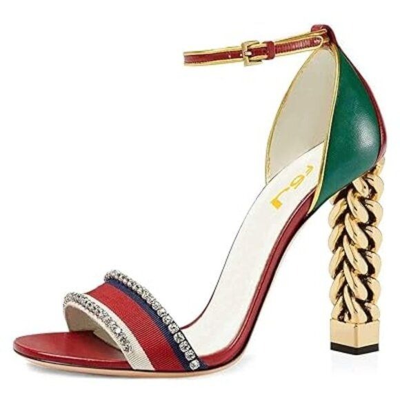 FSJ Women Flower Gold Metal Chain Chunky High Heels Ankle Strap Sandals Open Toe