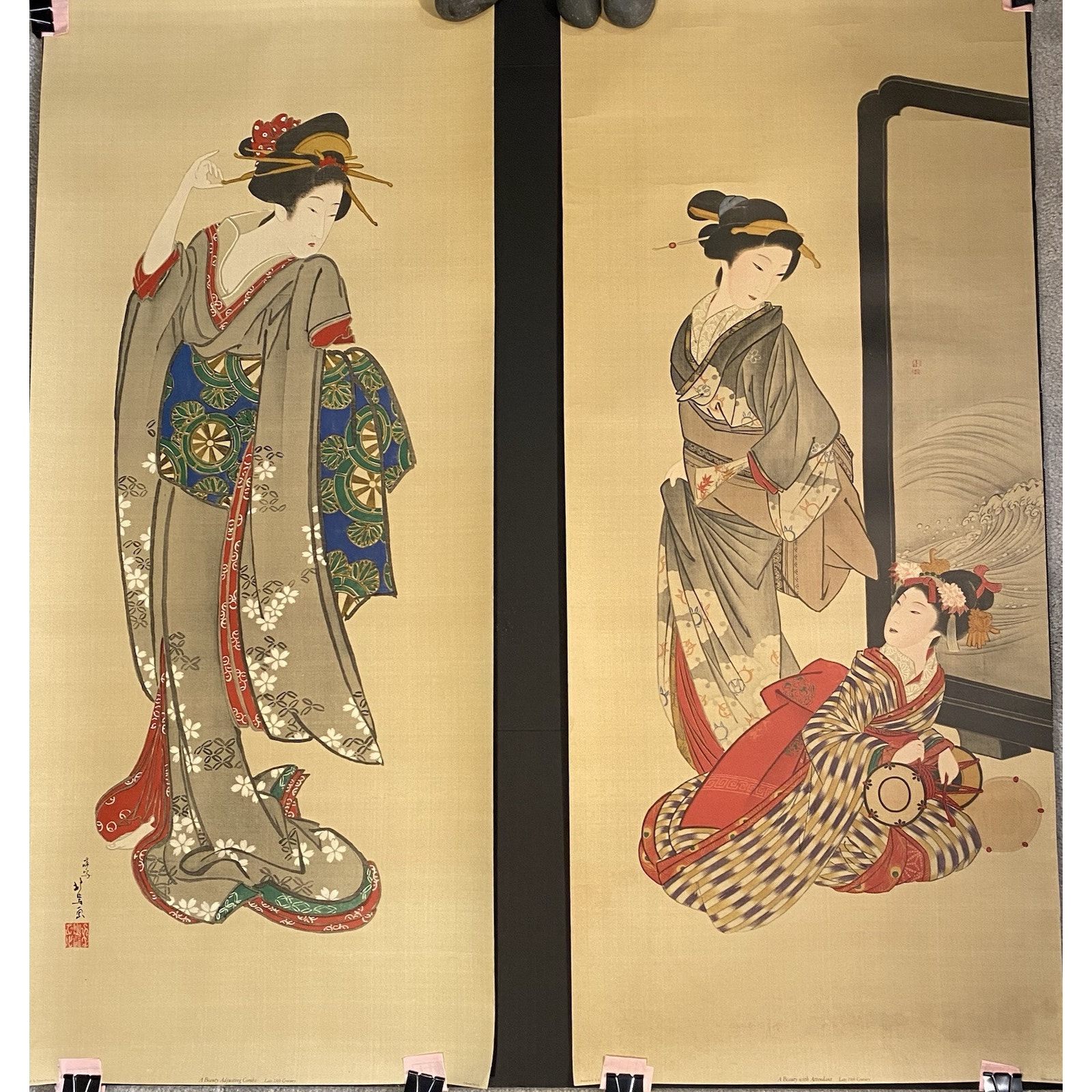 2 JAPANESE WOODBLOCK VTG Original Lithograph Prints 18th C Geisha Ukiyo-e Stamp