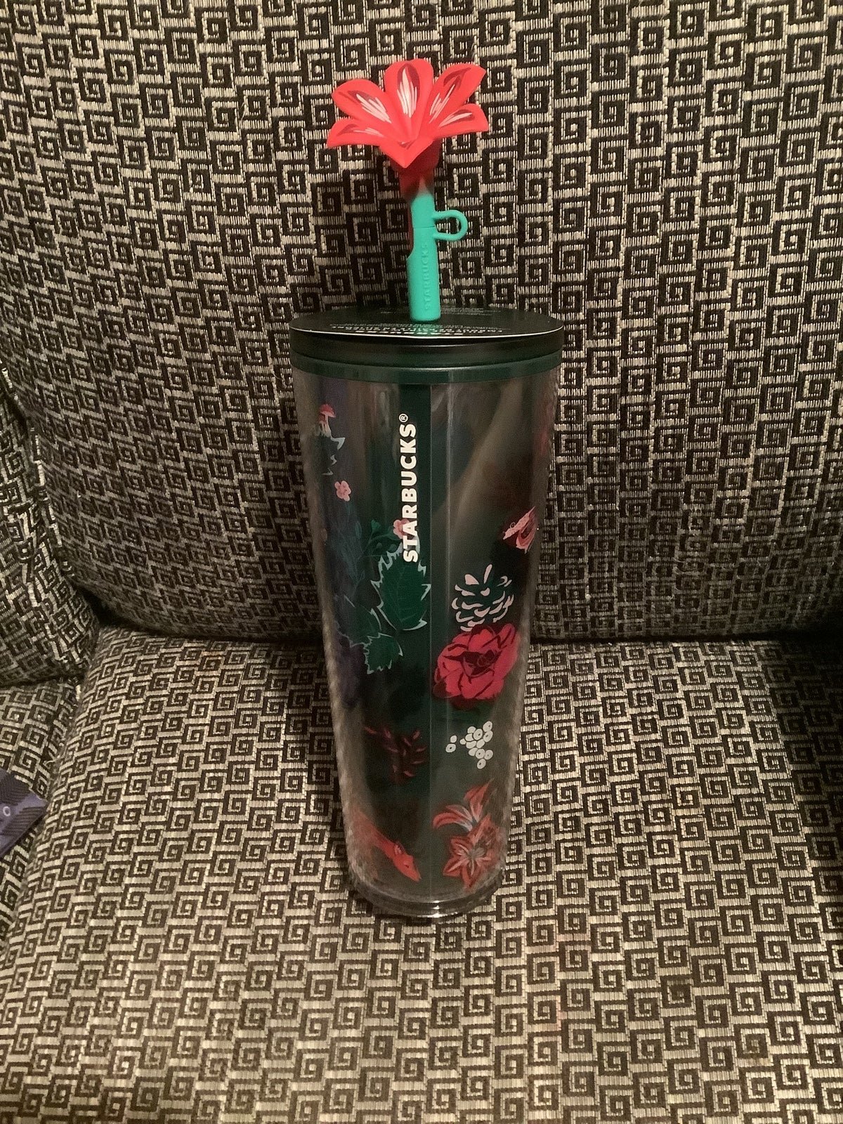 Starbucks Venti holiday 2022 green red floral pines cup w topper