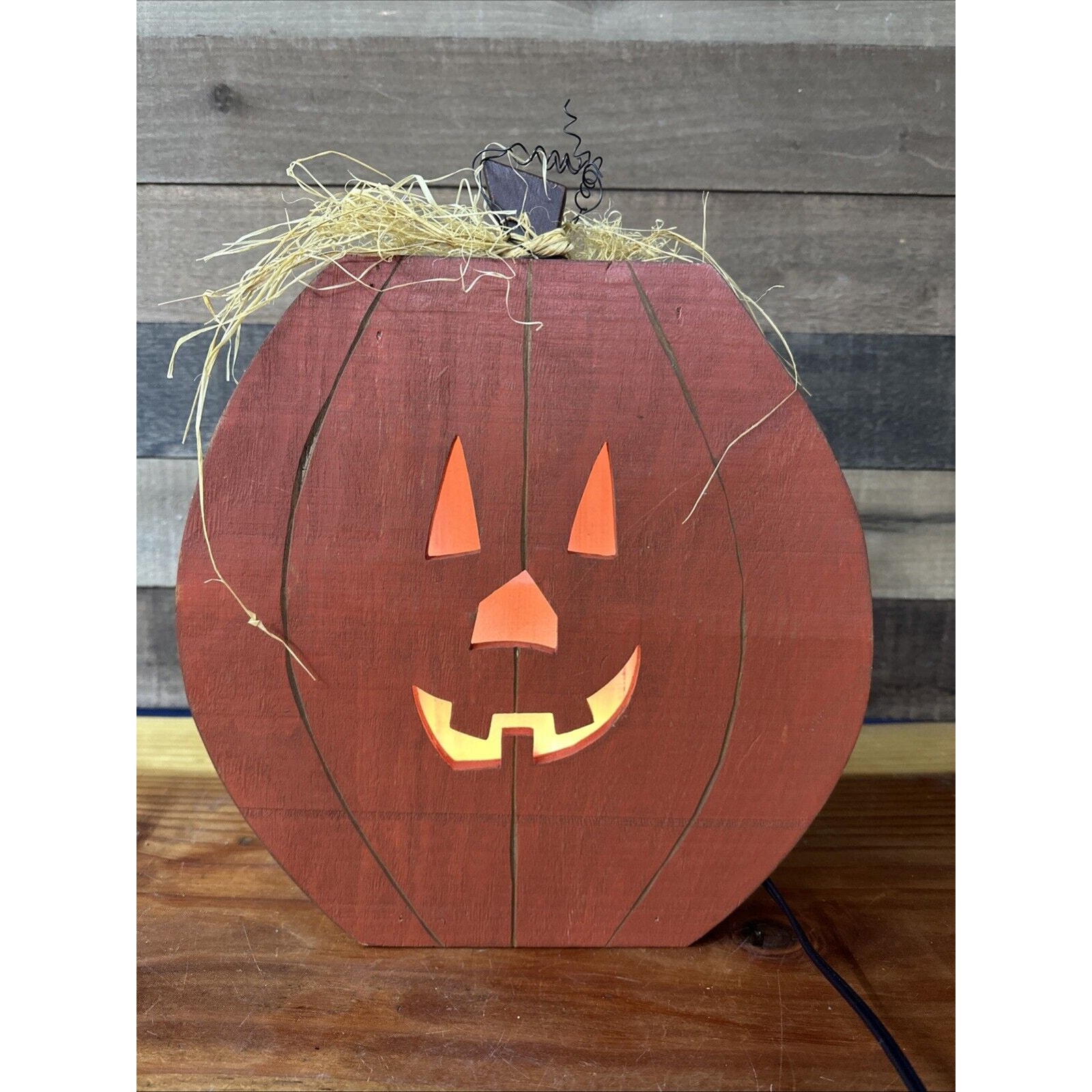 Large Lighted Wooden Pumpkin Jack O Lantern 13” Tall